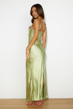 Women's Satin Maxi Dress Sleeveless with Floral Trim and V-Neck - 9