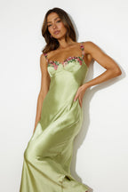 Women's Satin Maxi Dress Sleeveless with Floral Trim and V-Neck - 8