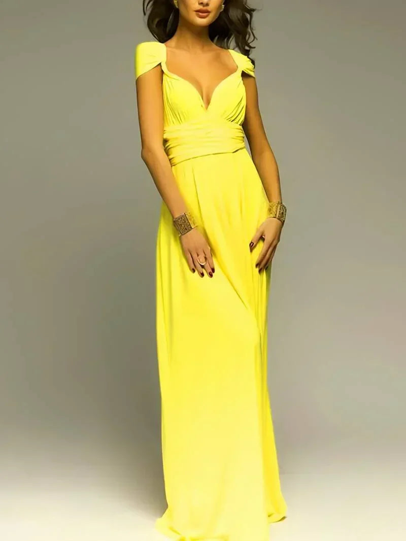 Women's Convertible Maxi Dress Multi-Way Wrap with A-Line Skirt - Yellow