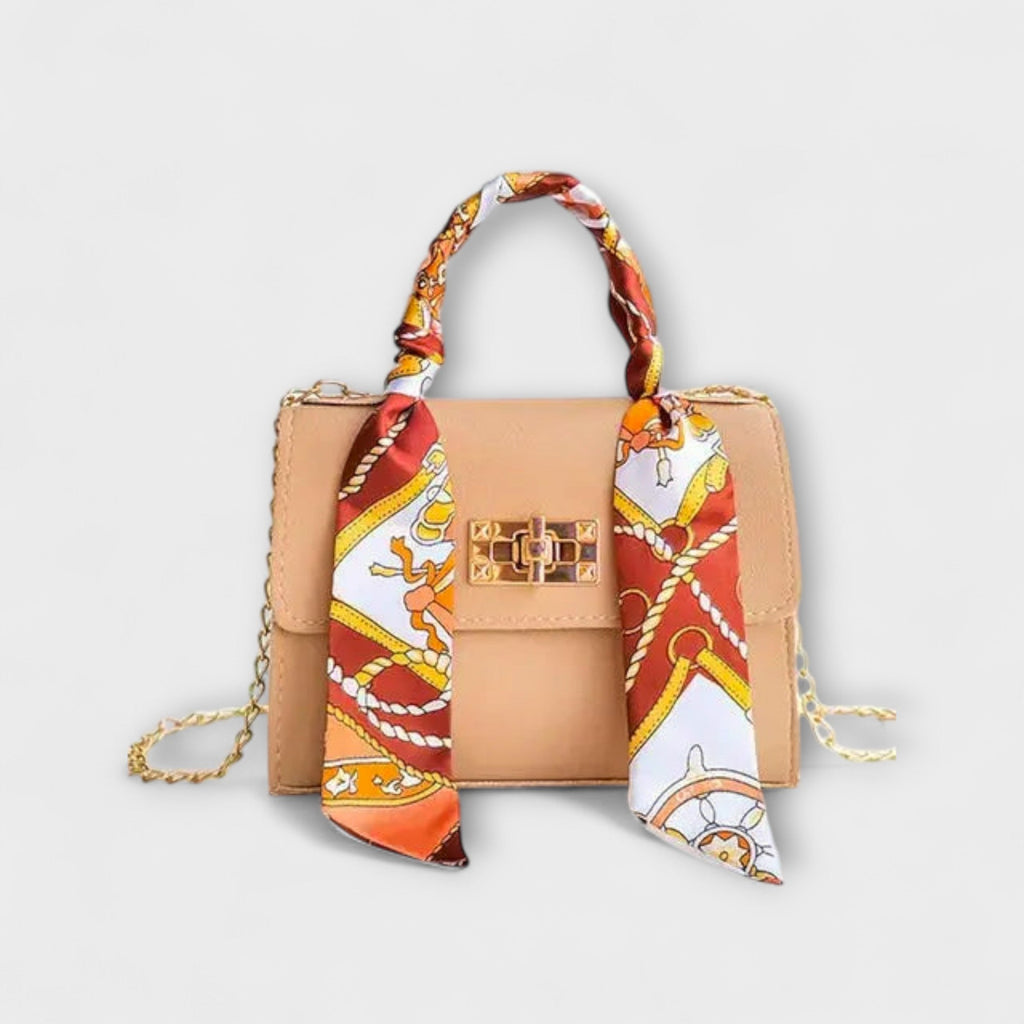 Women's Handbag with Scarf Detail and Chain Strap - Light Brown