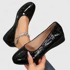 Women's Wedge Shoes with Square Toe and Textured Finish - Black