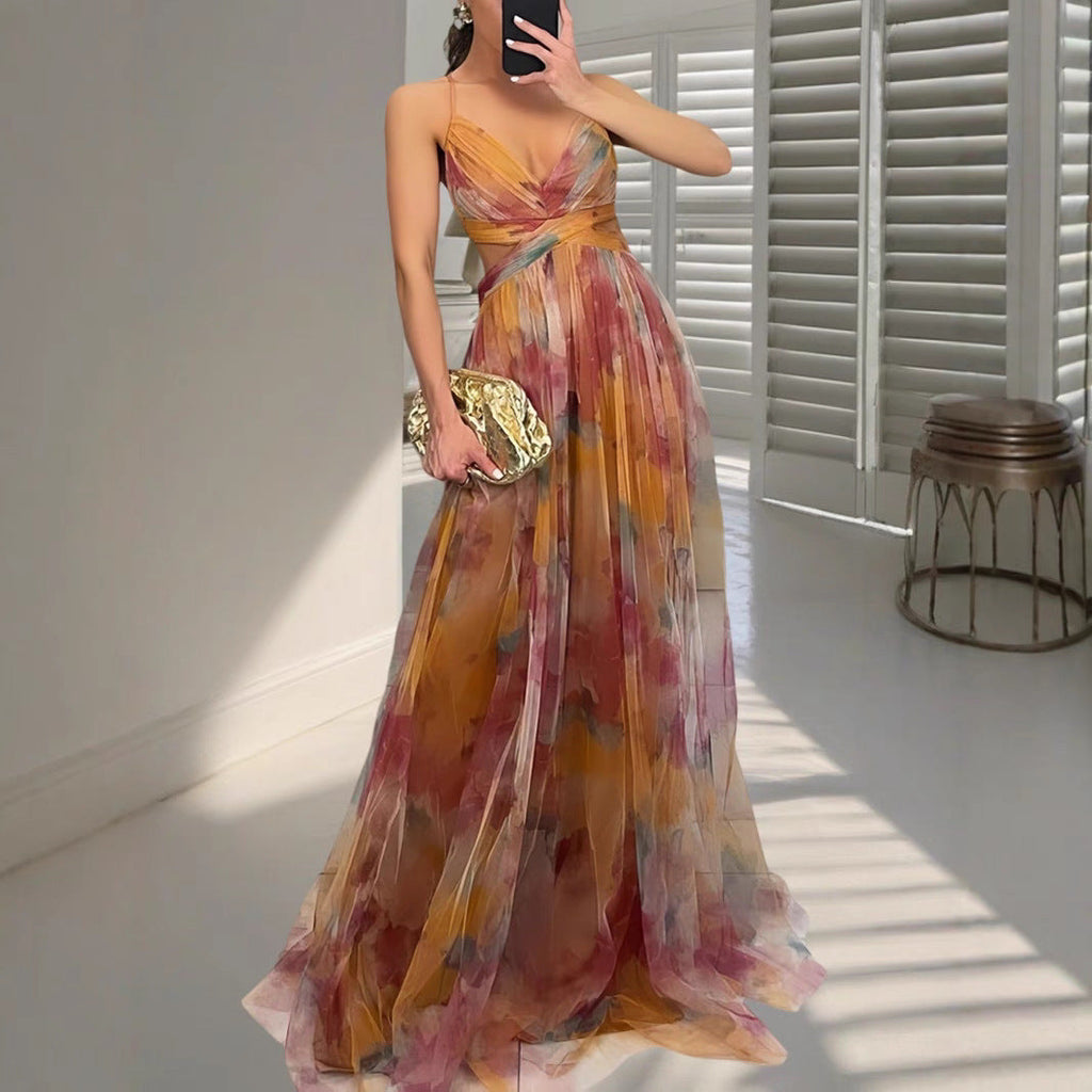 Women's Long Party Dress Strapless with Open Back V-Neck and Strap Detail - Multicolor