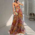 Women's Long Party Dress Strapless with Open Back V-Neck and Strap Detail - Multicolor
