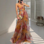 Women's Long Party Dress Strapless with Open Back V-Neck and Strap Detail - Multicolor
