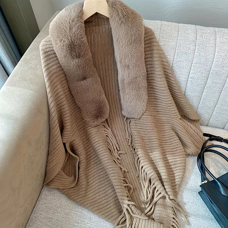 Women's Knitted Scarf with Faux Fur Trim and Fringed Edge - Coffee