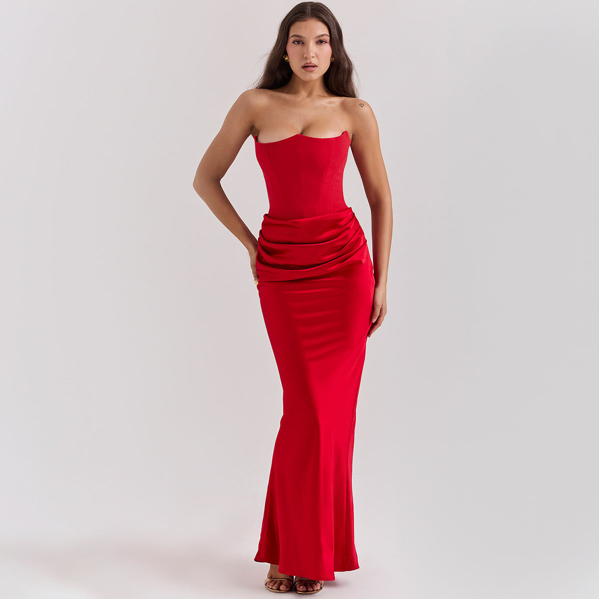 Women's Evening Dress Strapless with Corset Bodice and Draped Skirt - Red
