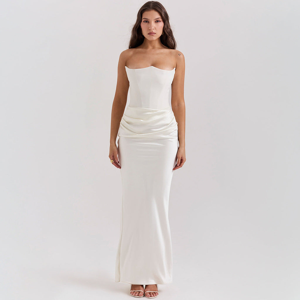 Women's Evening Dress Strapless with Corset Bodice and Draped Skirt - 6