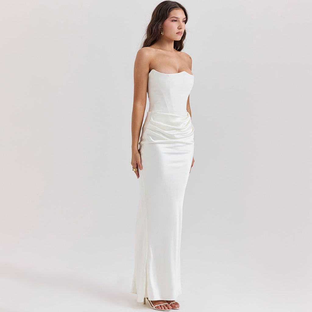 Women's Evening Dress Strapless with Corset Bodice and Draped Skirt - 8