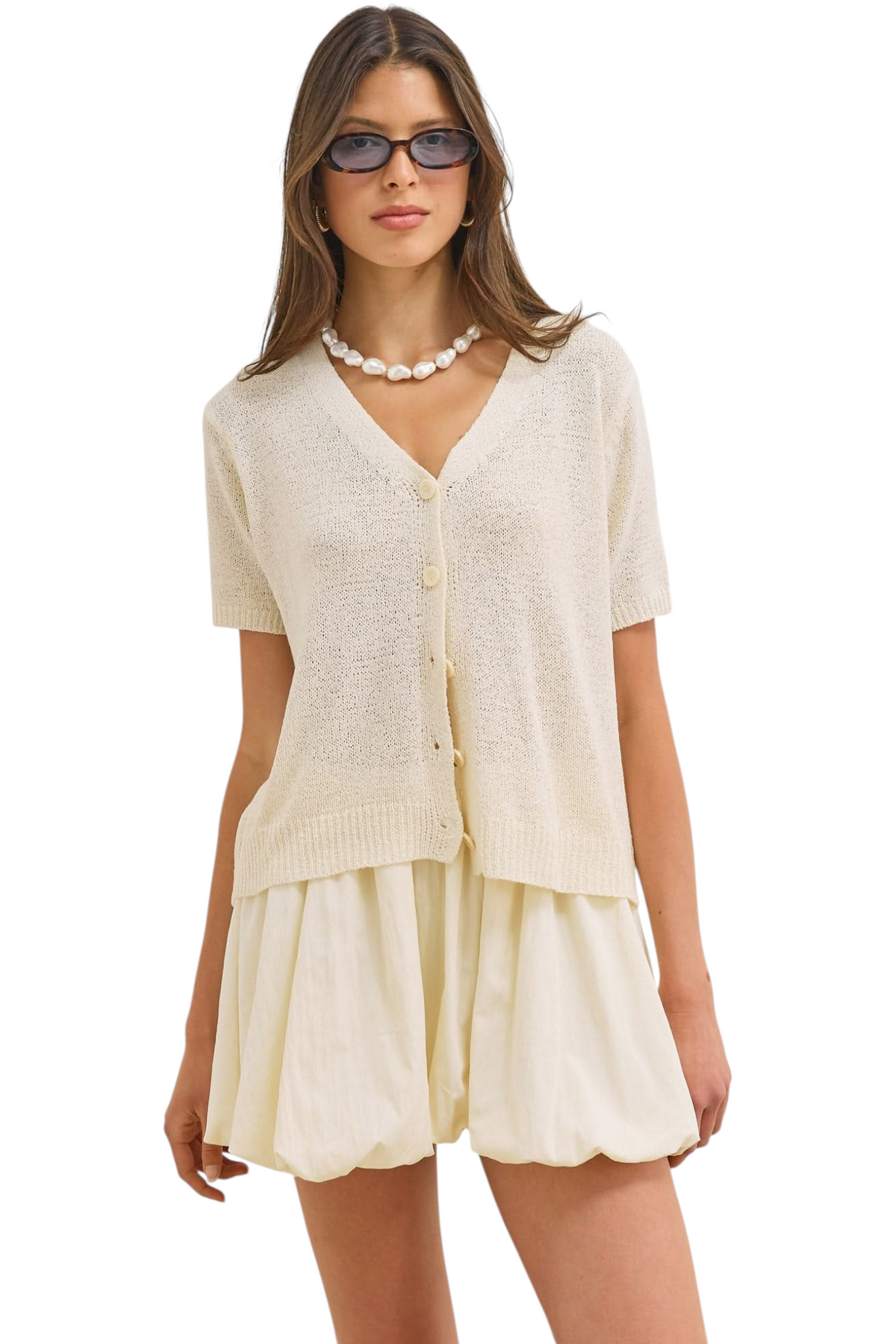 Women's Short Cardigan V-Neck Short Sleeve Button-Up Textured Knit