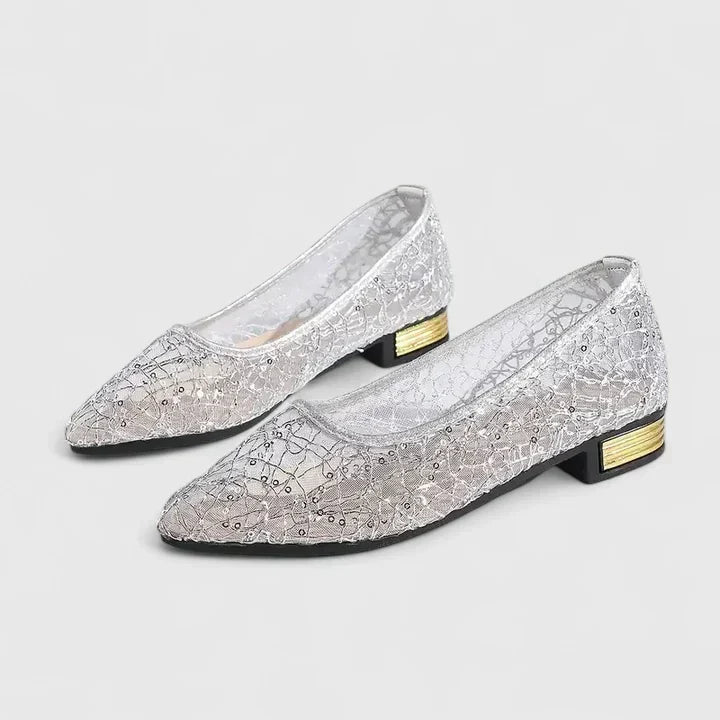 Women's Flats with Lace Mesh and Block Heel - 4