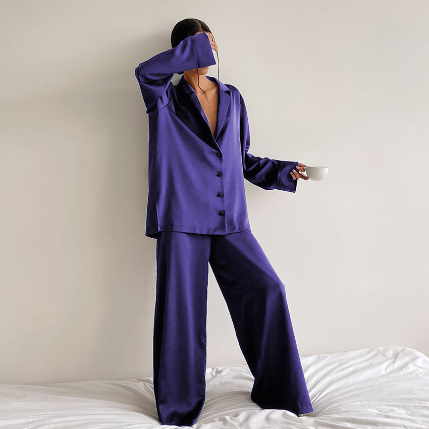 Satin Pyjama Set with Revere Collar and Wide Leg Trousers - Purple