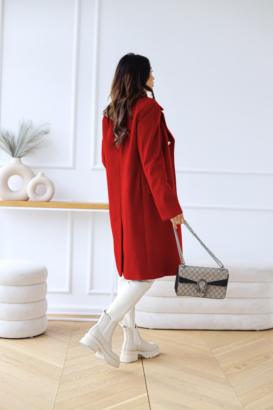 Women's Double-Breasted Wool Coat Gold Button Detail - 9