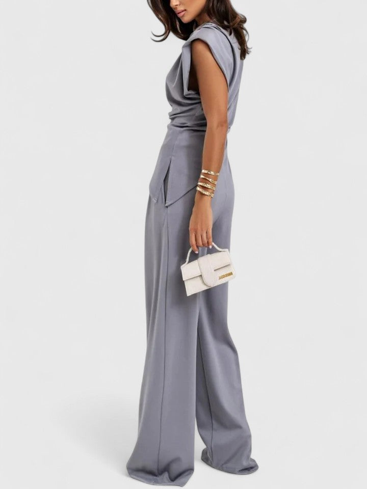 Women's Two-Piece Set Sleeveless Draped Top with Wide-Leg Trousers - 6