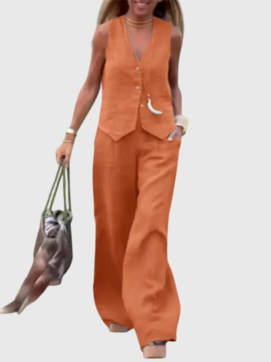Women's Tailored Waistcoat and Wide-Leg Trousers Set - Orange