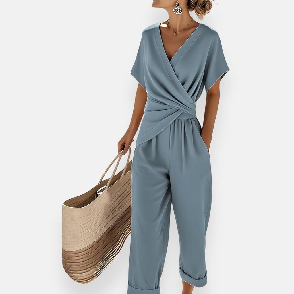 Women's Jumpsuit with Wrap Front and V-Neck - Blue