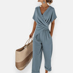 Women's Jumpsuit with Wrap Front and V-Neck - Blue