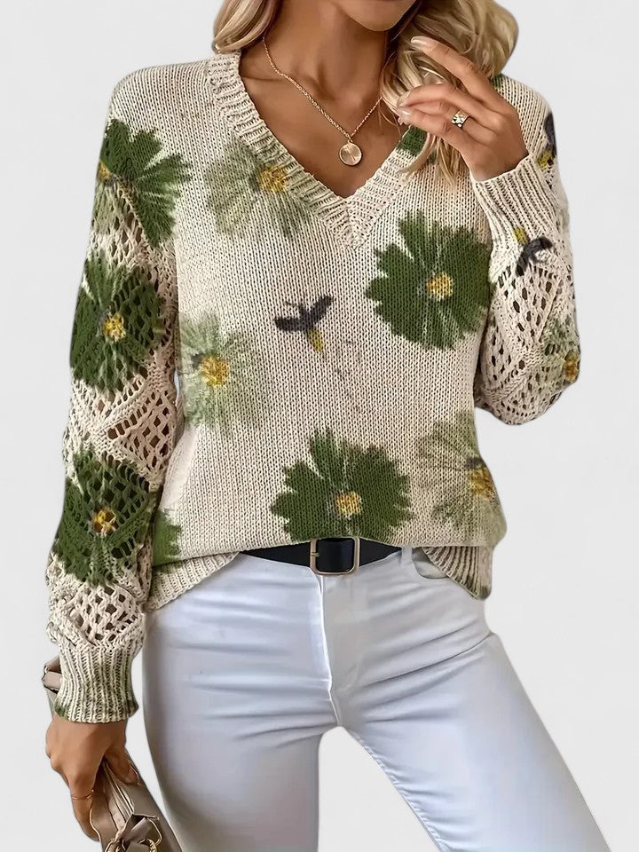 Women's Cardigan Floral Print with Lattice Sleeves and V-Neck - 10