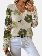 Women's Jumper V-Neck Floral Print with Crochet Sleeves - 10