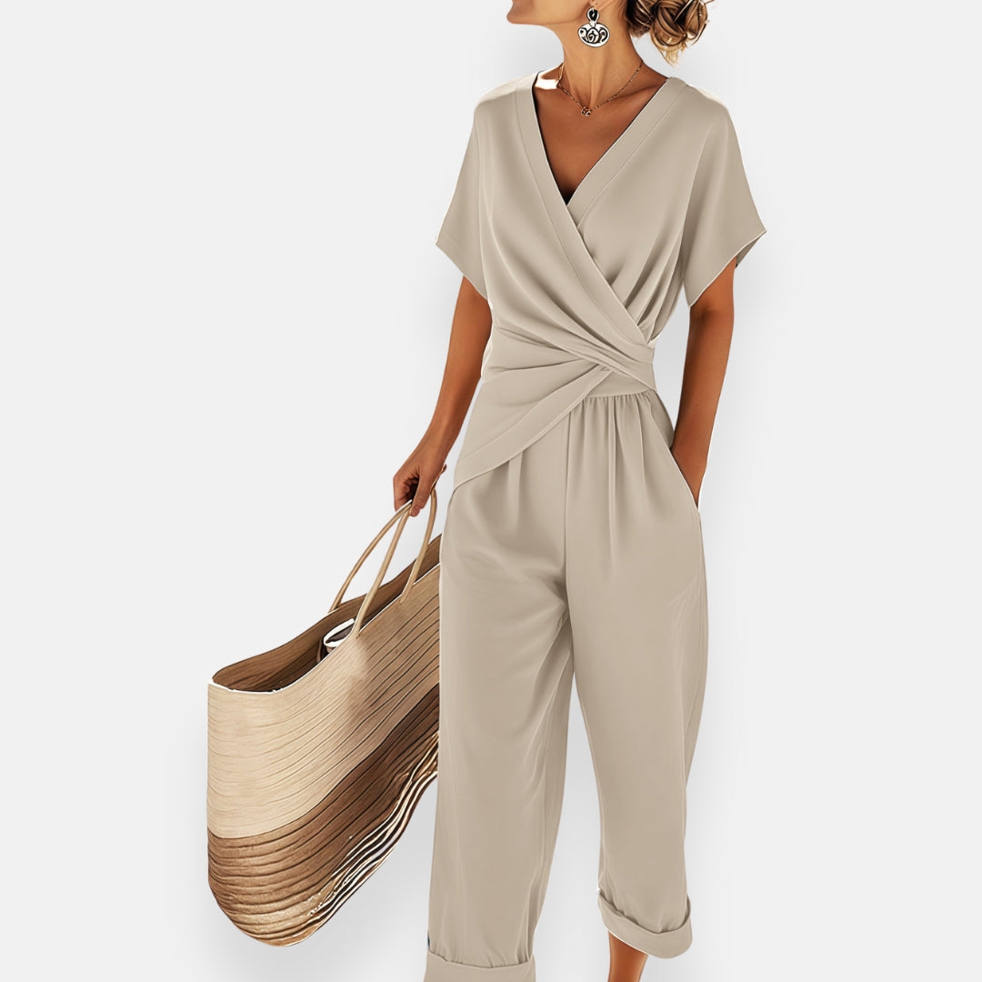 Women's Jumpsuit with Wrap Front and V-Neck - Beige