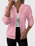Women's Zip-Up Hoodie with Textured Cable Knit Print - Pink