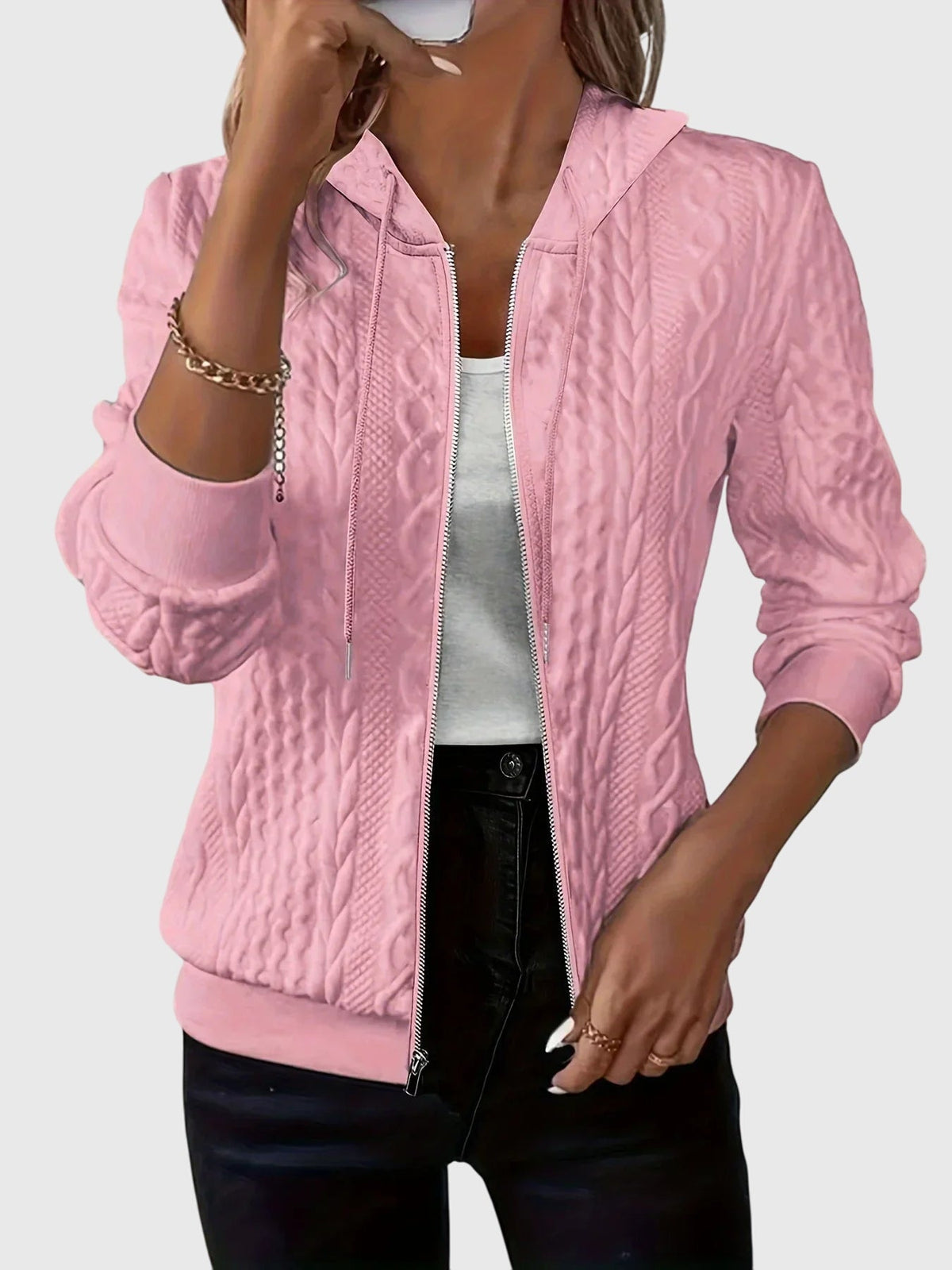 Women's Zip-Up Hoodie with Textured Cable Knit Print - Pink
