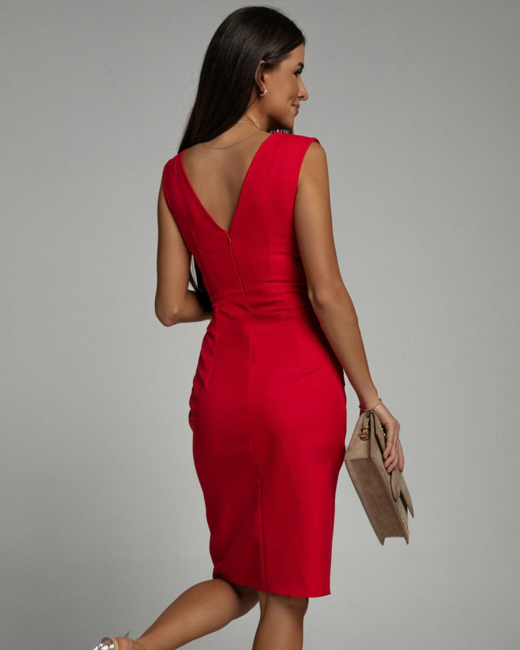 Women's Fitted Sleeveless Dress with V-Neck and Side Slit - 4