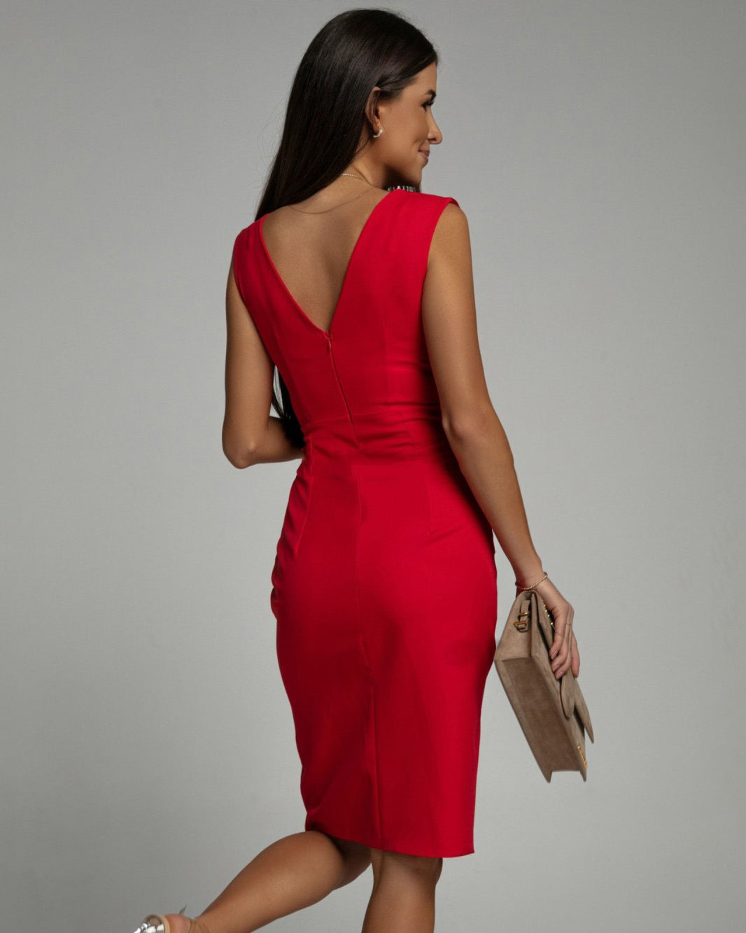 Women's Fitted Sleeveless Dress with V-Neck and Side Slit - 4