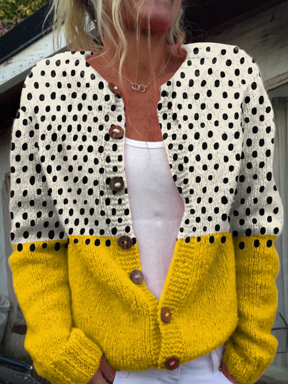 Women's Cardigan Button-Front with Polka Dot Colour-Block Design - Multi-Coloured