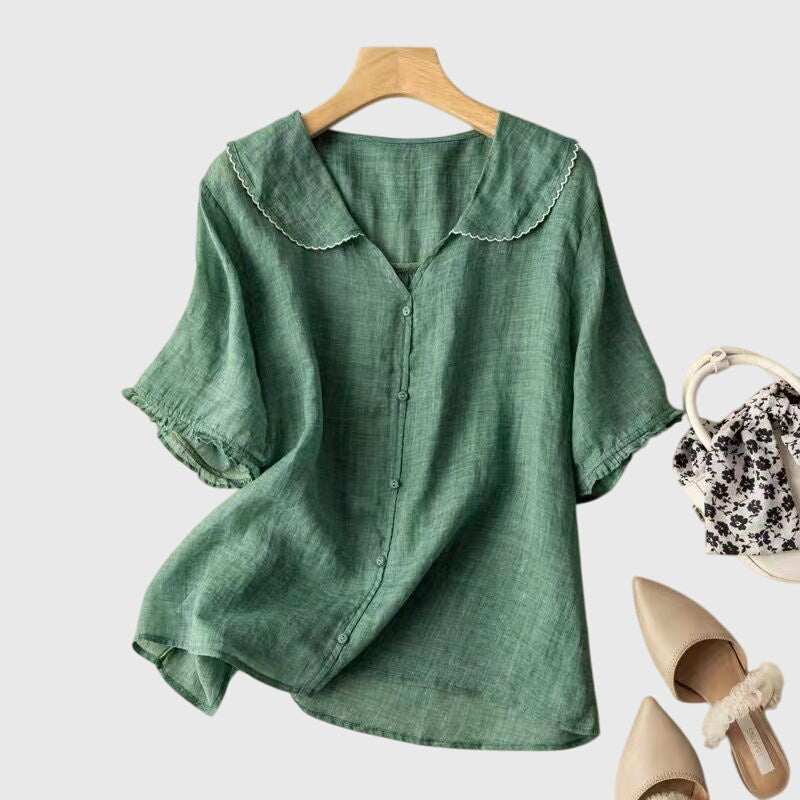 Women's Blouse with Peter Pan Collar and Short Sleeves - Green
