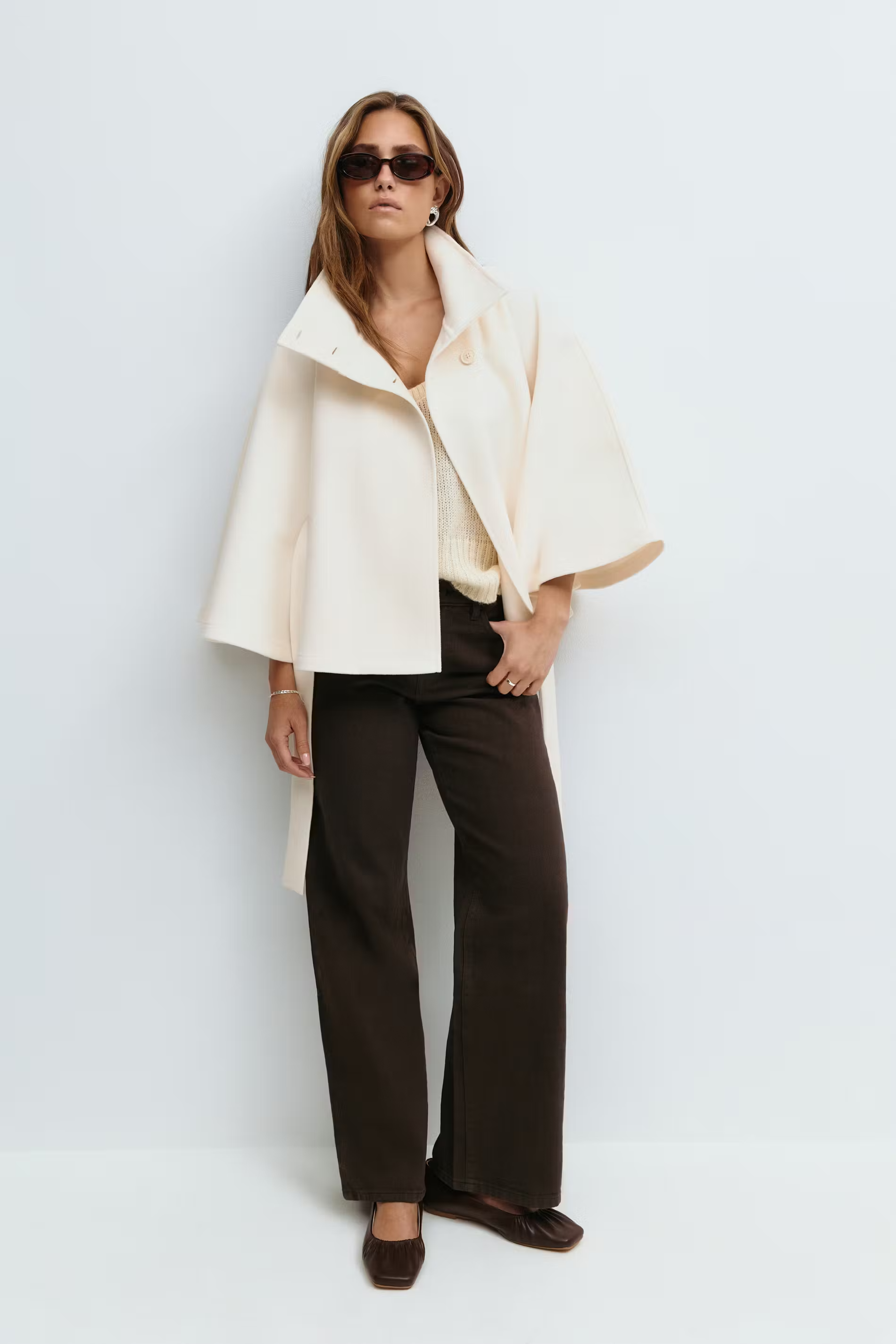Women's Cape Coat with Belt and High Collar - 2