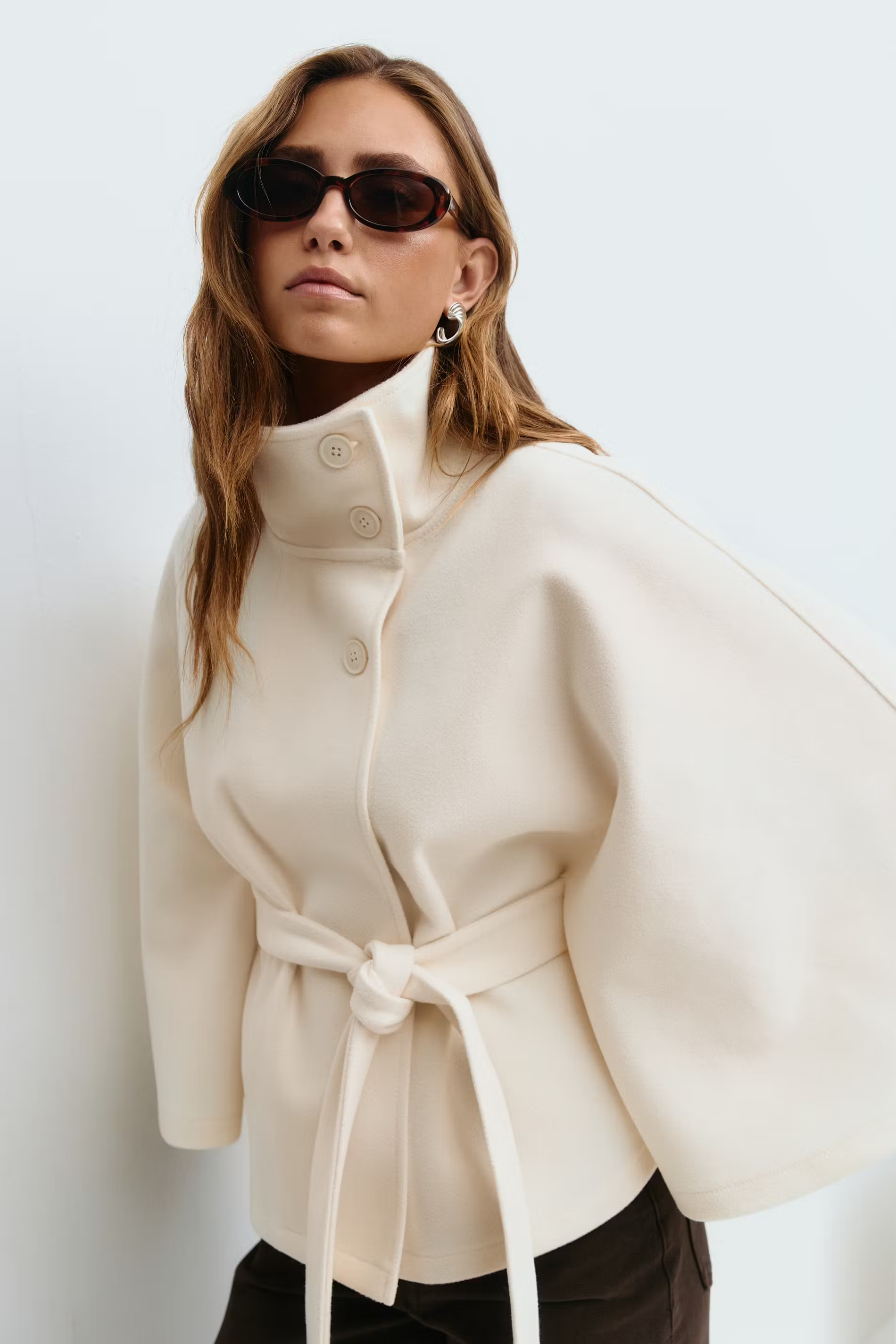 Women's Cape Coat with Belt and High Collar - 3