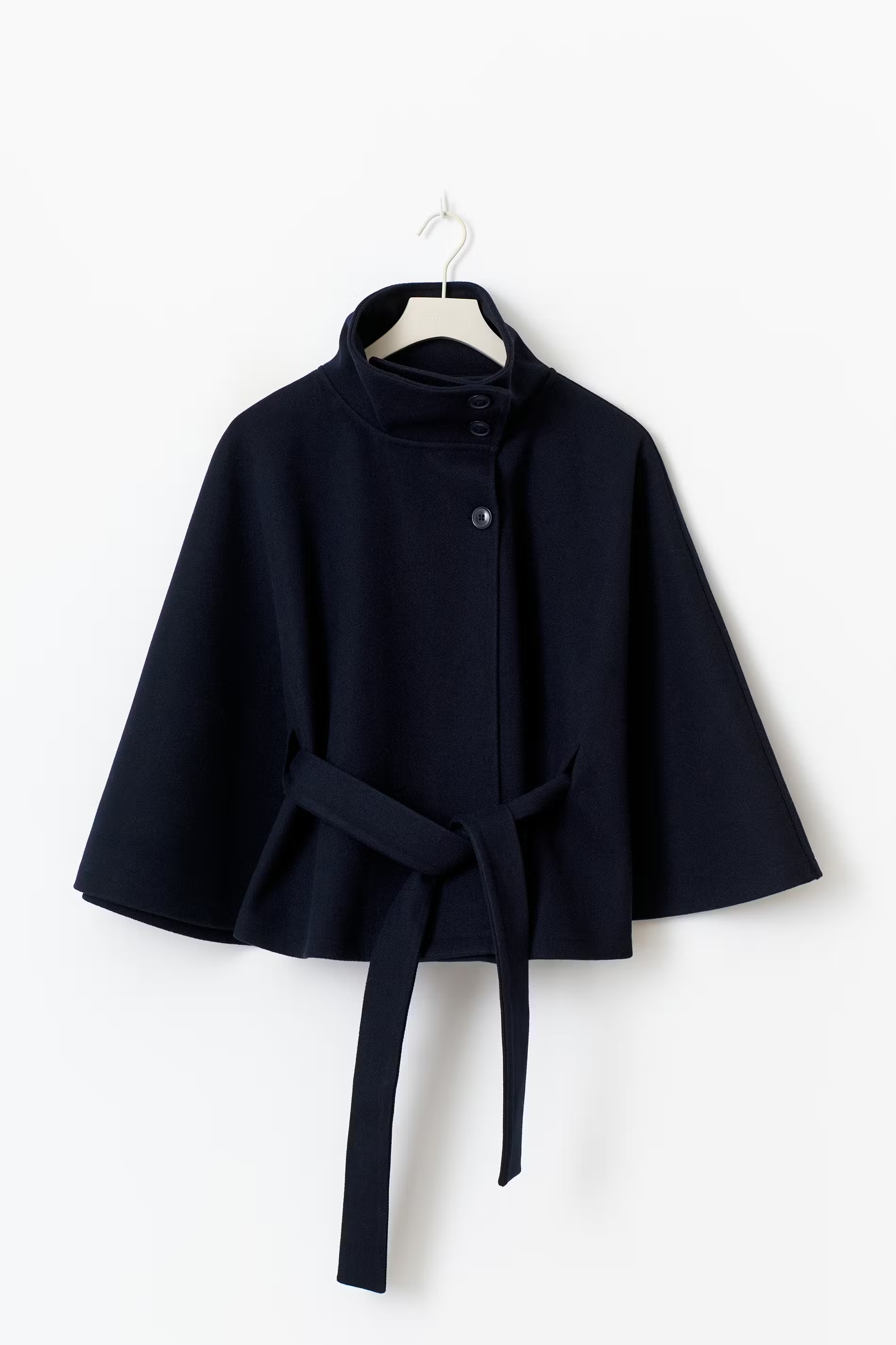Women's Cape Coat with Belt and High Collar - Blue