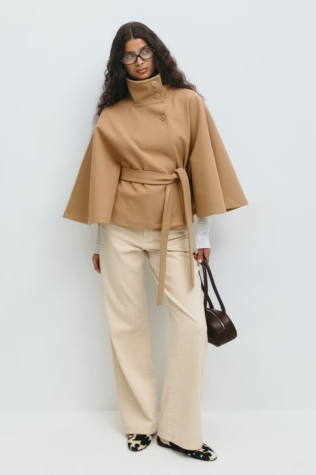 Women's Cape Coat with Belt and High Collar - 11