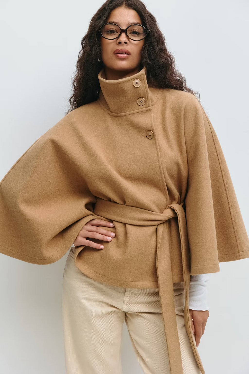 Women's Cape Coat with Belt and High Collar - 12