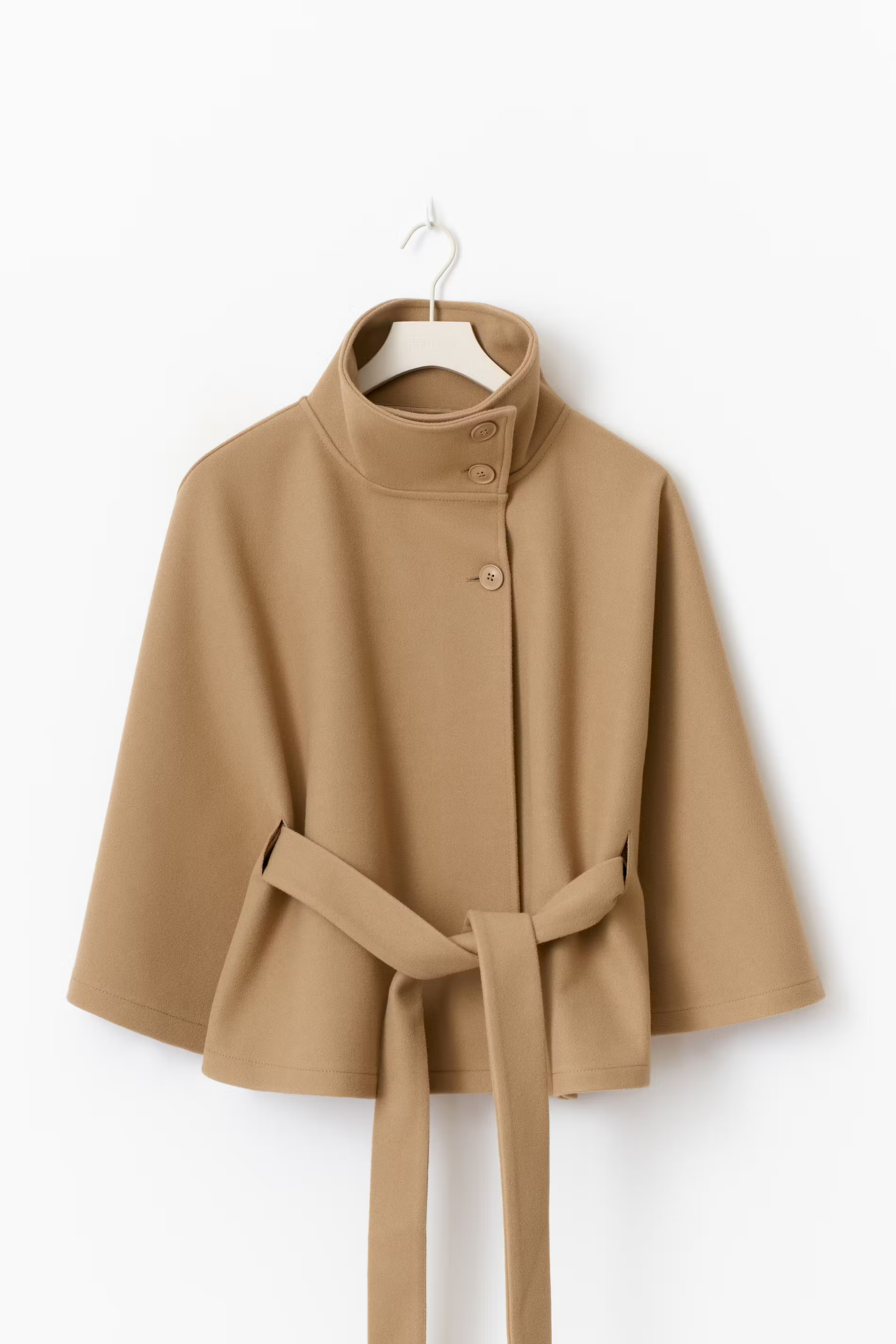 Women's Cape Coat with Belt and High Collar - Beige