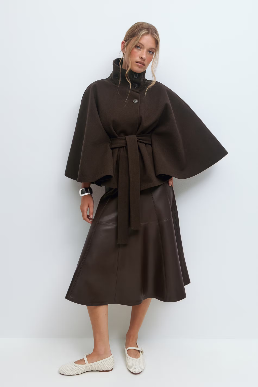 Women's Cape Coat with Belt and High Collar - 16