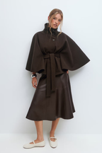 Women's Cape Coat with Belt and High Collar - 16