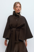Women's Cape Coat with Belt and High Collar - 14