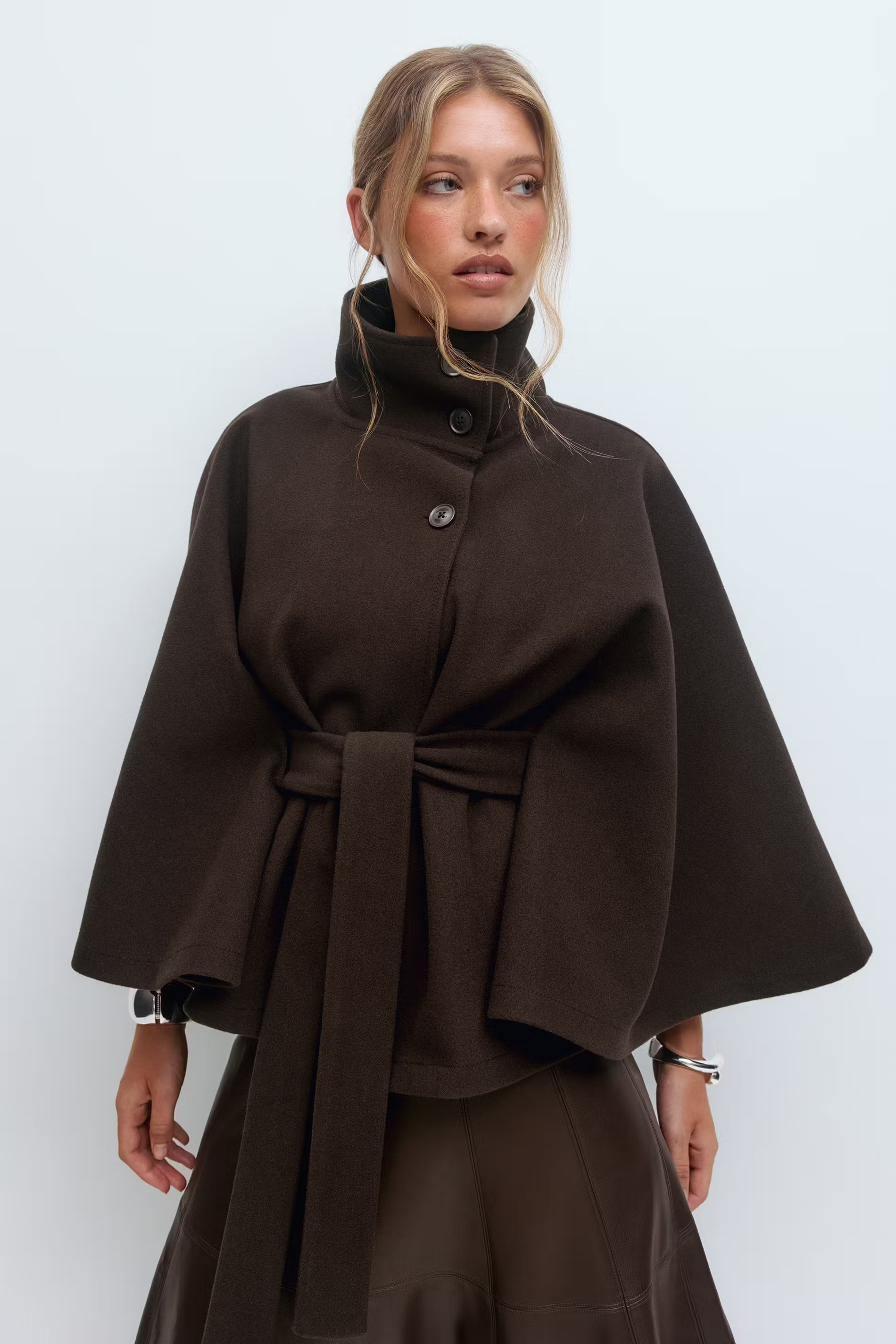 Women's Cape Coat with Belt and High Collar - 14
