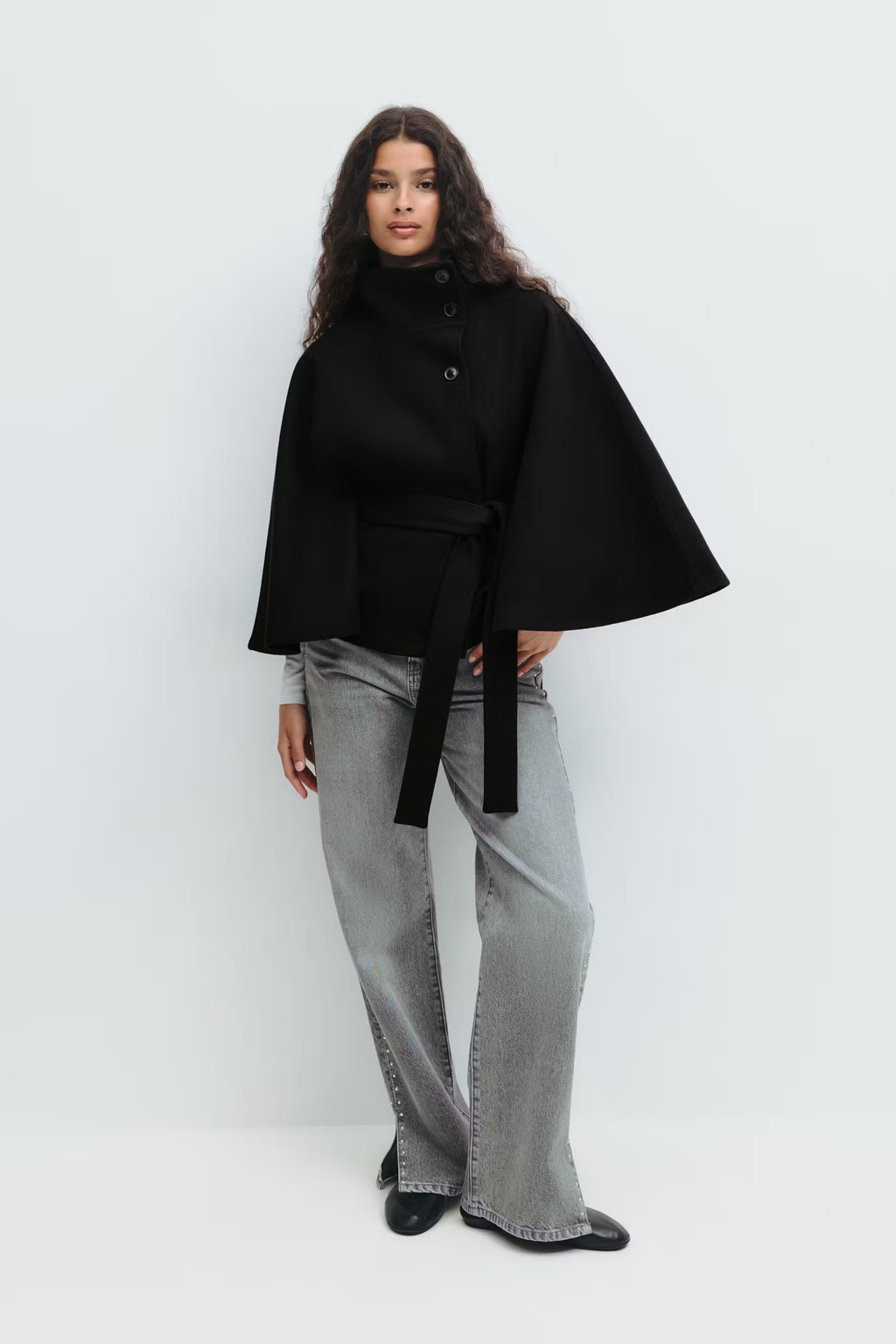 Women's Cape Coat with Belt and High Collar - 8