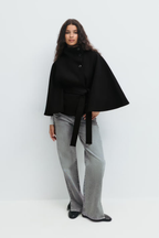 Women's Cape Coat with Belt and High Collar - 8