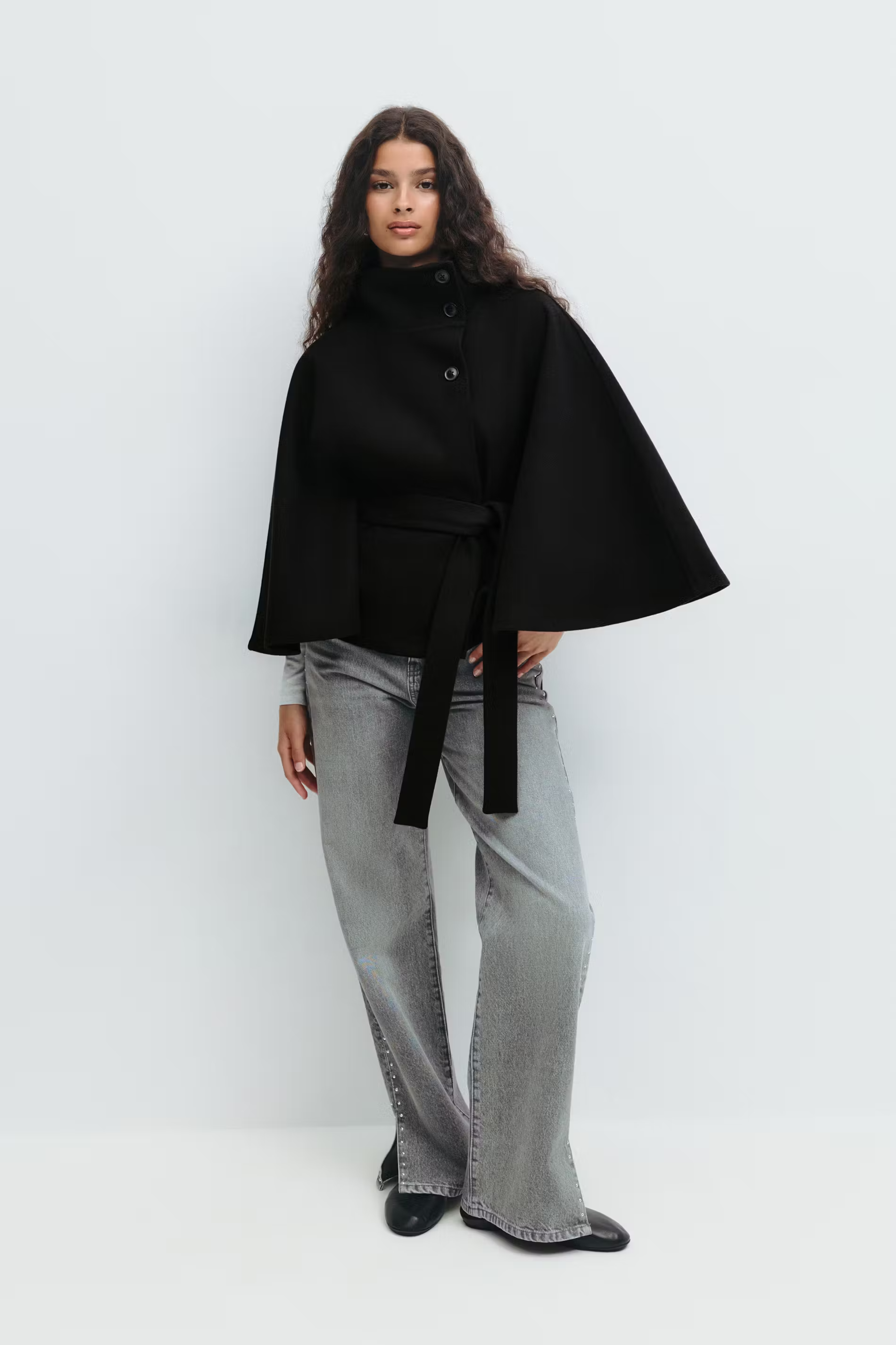 Women's Cape Coat with Belt and High Collar - 8