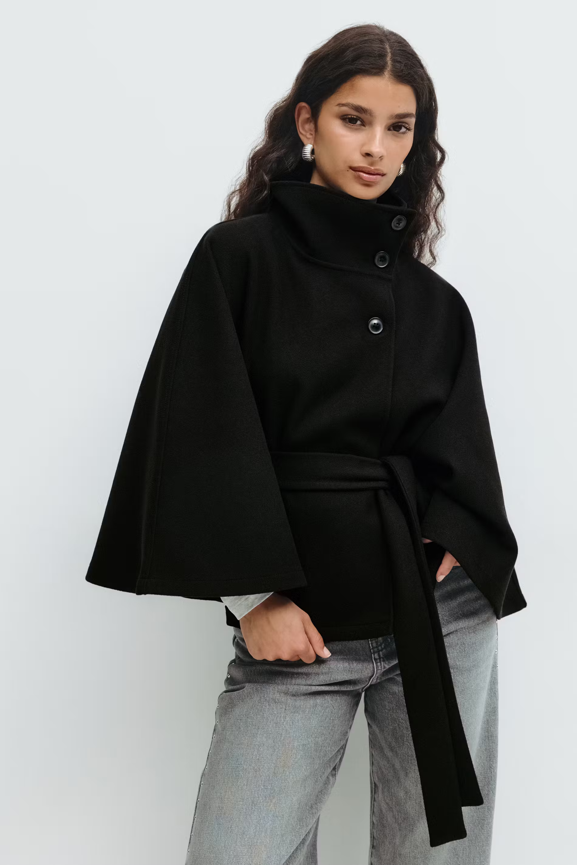 Women's Cape Coat with Belt and High Collar - 7