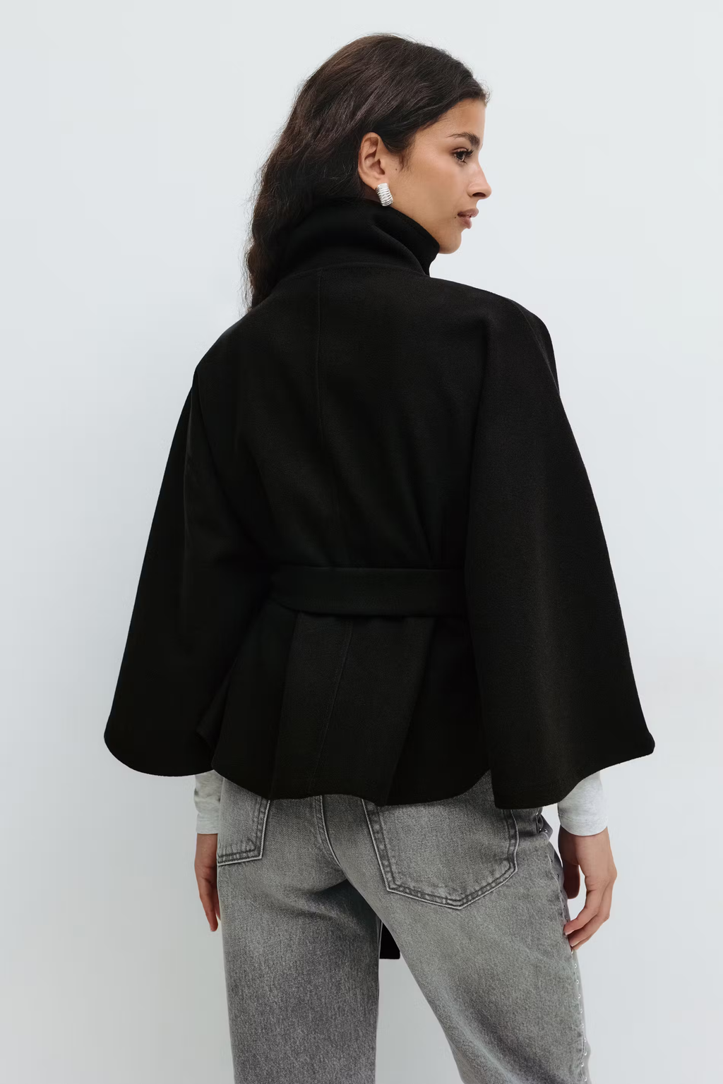 Women's Cape Coat with Belt and High Collar - 6