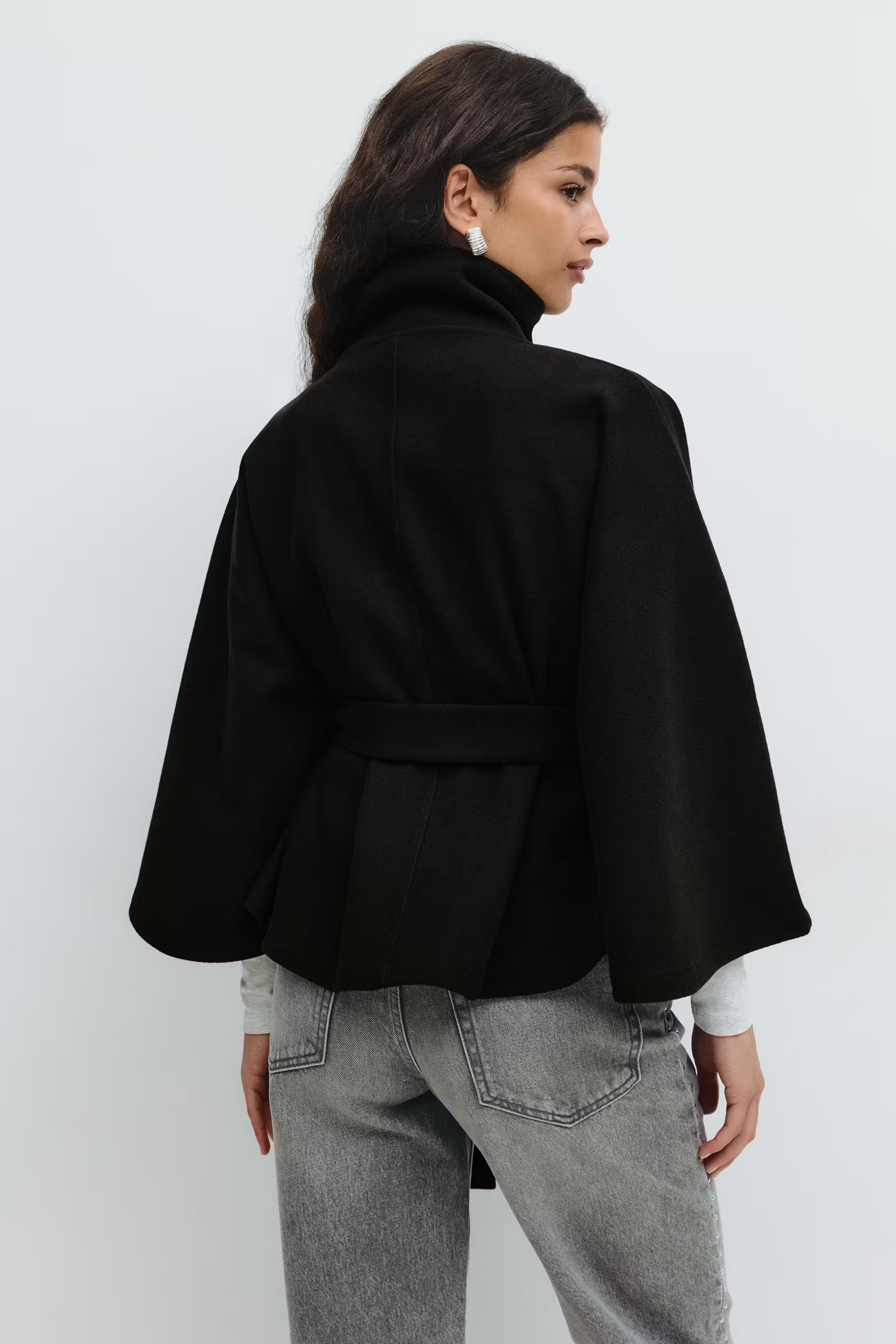 Women's Cape Coat with Belt and High Collar - 6