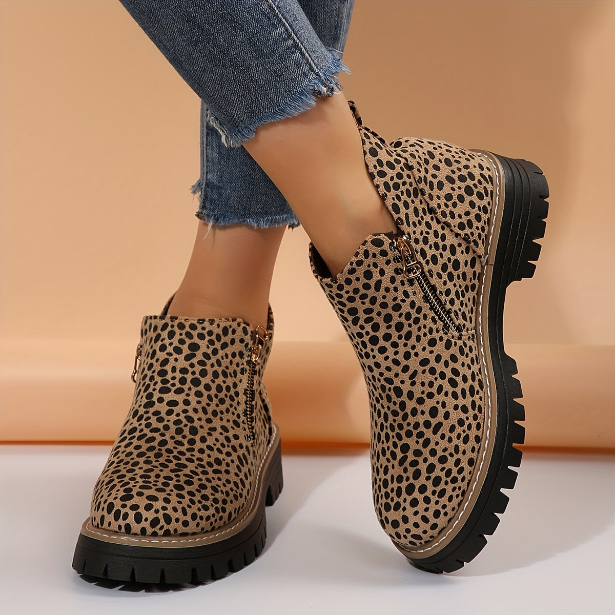 Women's Ankle Boots with Side Zip and Chunky Sole - Leopard Print