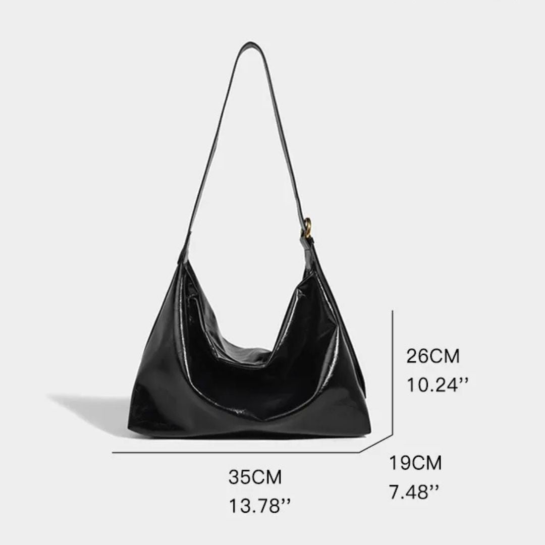Women's Patent Vegan Leather Shoulder Bag with Curved Slouch - 7