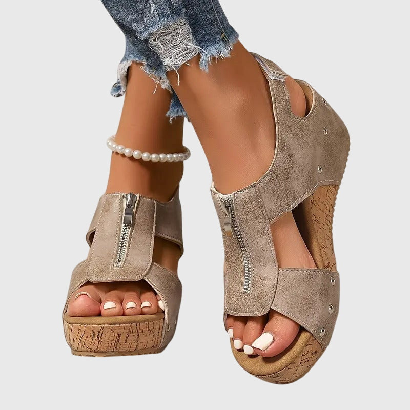 Women's Wedge Sandals with Front Zip and Studded Straps - 7