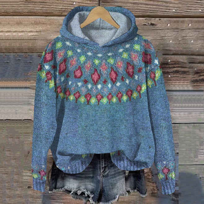 Women's Hoodie with Jacquard Pattern and Long Sleeves - Blue