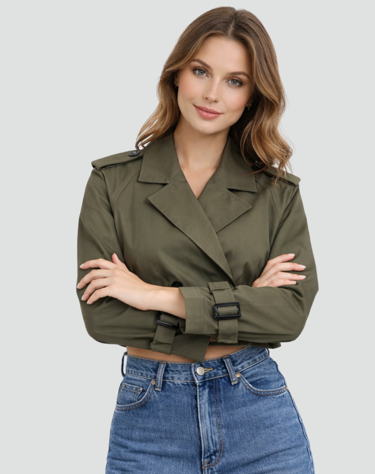 Women's Cropped Trench Coat with Belted Waist and Double-Breasted Front - Military Green